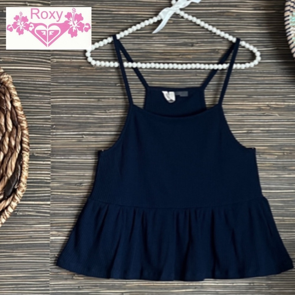 Roxy Women's Deep Seas Ribbed Peplum Tank Navy Blue Sz Medium Racer Back